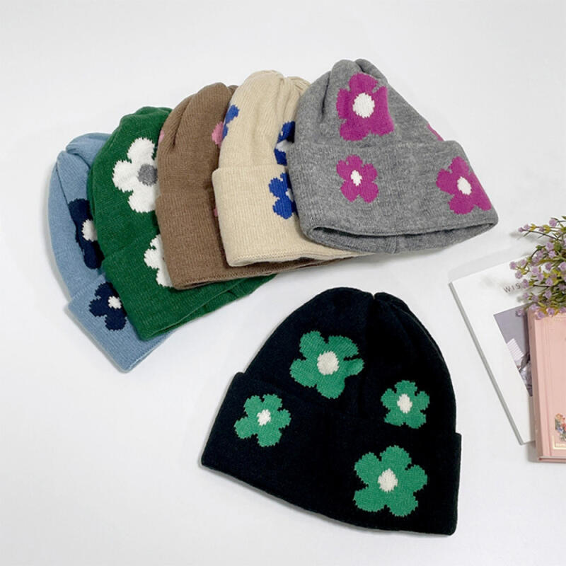 Women s Floral Grandma s Flower Beanie Hat C6679_Black