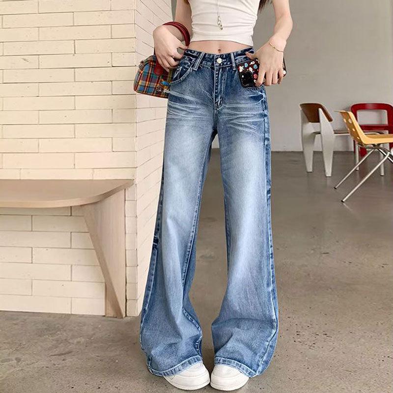 Plus Size High-Waisted Retro Creased Micro-Flare Wide-Leg Bell Bottom Jeans for Women