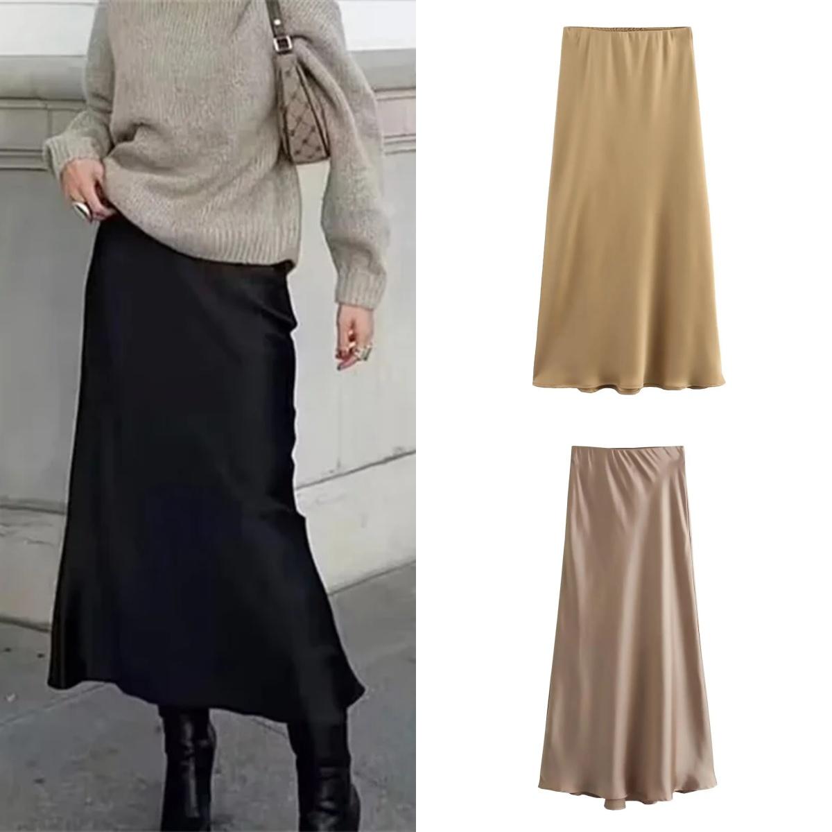 

Женская модная атласная однотонная плиссированная юбка-миди, винтажная средняя эластичная талия, женские шикарные женские юбки