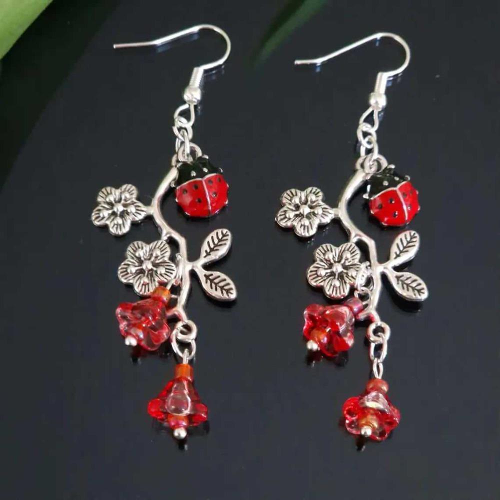 Cute Enamel Ladybug Floral Branch Red Glass Bellflower Dangle Earrings for Women Boho Nature Retro Sliver Color Jewelry Gifts