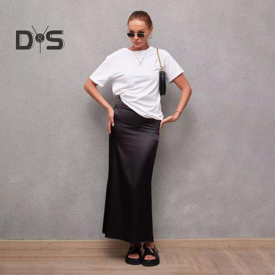 Women Fishtail Skirt with Large Hem High Waist Hip Wrapped Imitation Silk Maxi Skirt Solid Color Slimming Satin Skirt
