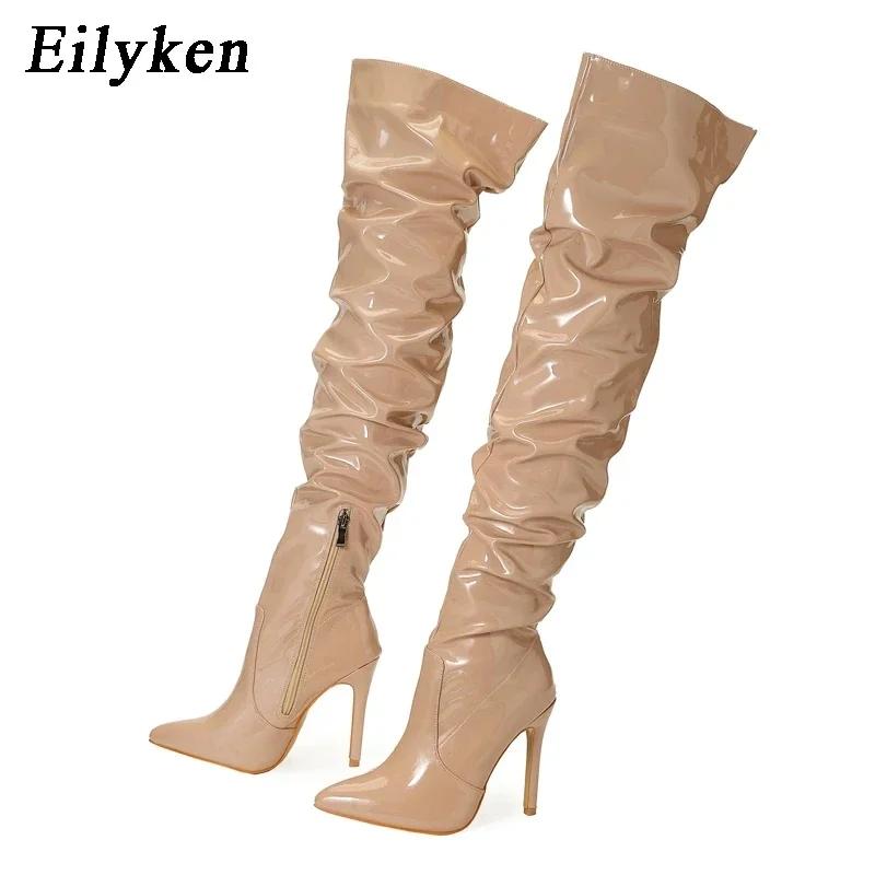 

Fashion Eilyken 2025 New Thigh High Boots Fashion Patent Leather Pointed Toe Zip Female Stiletto Heels Pleated Design Women s Shoes 35 абрикосовый