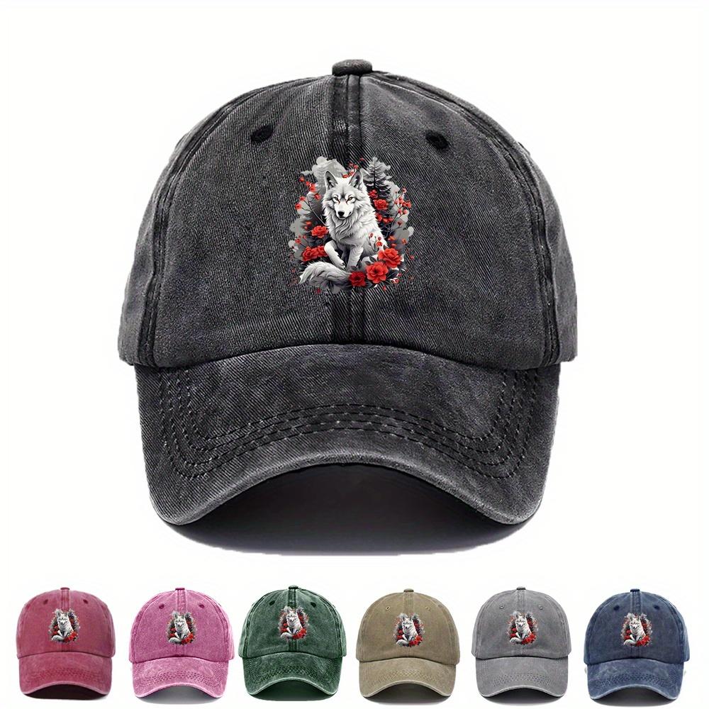 White Wolf and Red Roses Graphic Baseball Cap Unisex Polyester Distressed Outdoor Adjustable Sports Hat