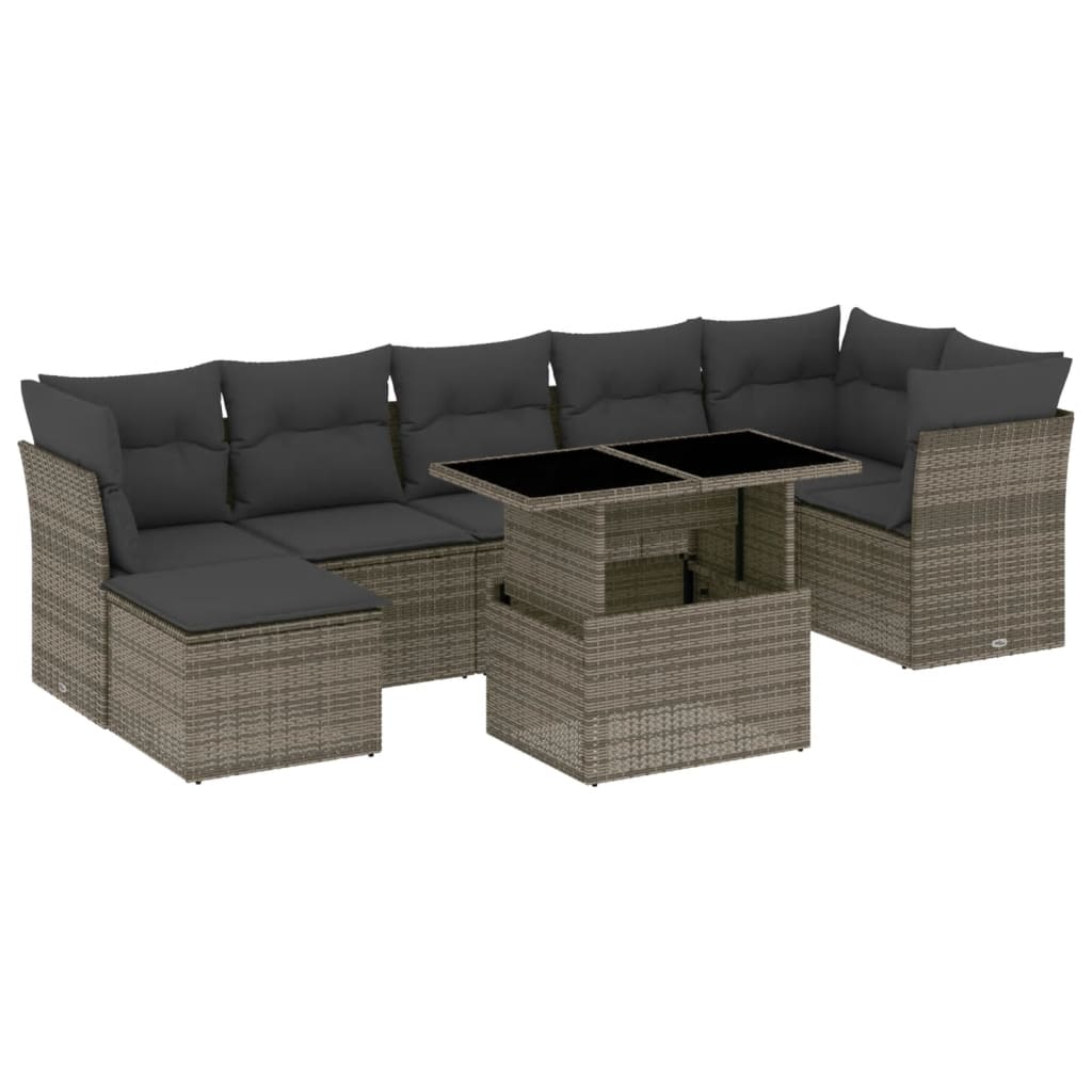 Vidaxl 8-Cz. Garden Furniture Set With Cushions, Grey, Poly Rattan