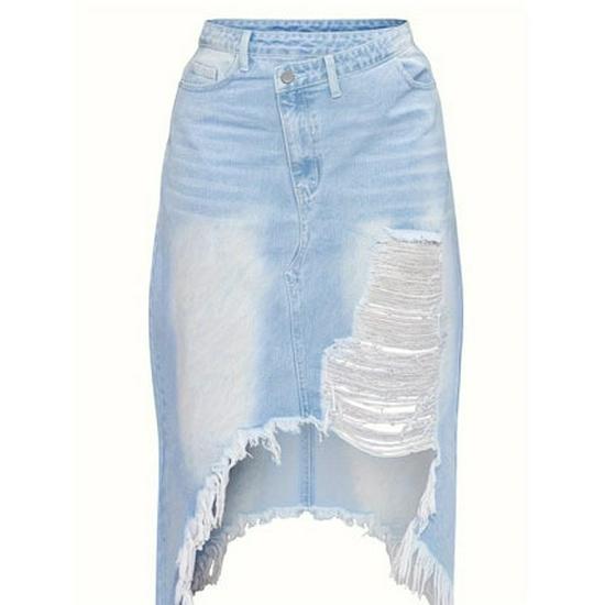 

Юбка миди из денима большого размера с высокой талией, рваная, асимметричного кроя - Европейский и американский повседневный стиль, синяя 6XL синий