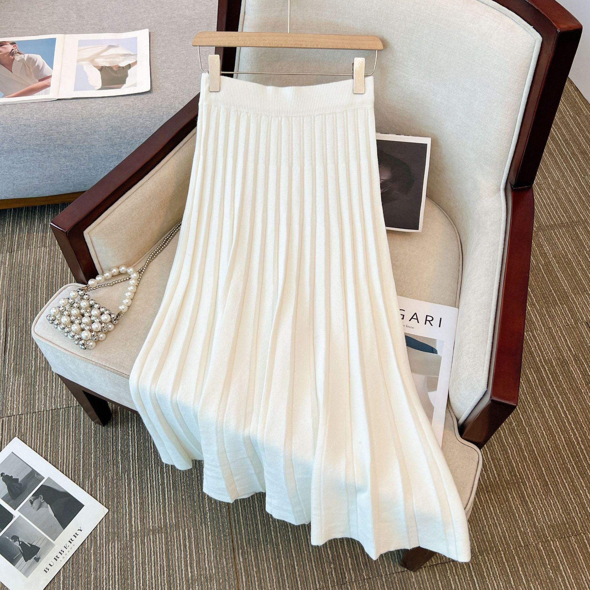 

2024 Весна/Осень Трикотажная юбка с завышенной талией и складками - Сексуальный, Чистый Стиль Желания medium length, One Size абрикосовый/белый