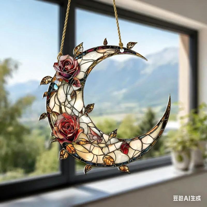 2D Flat Crescent Moon & Flower Acrylic Decoration Sign, Red Rose & Leaves Design, Home Decor Plaque Hanging Wall Art Decorative Garden Decoration for