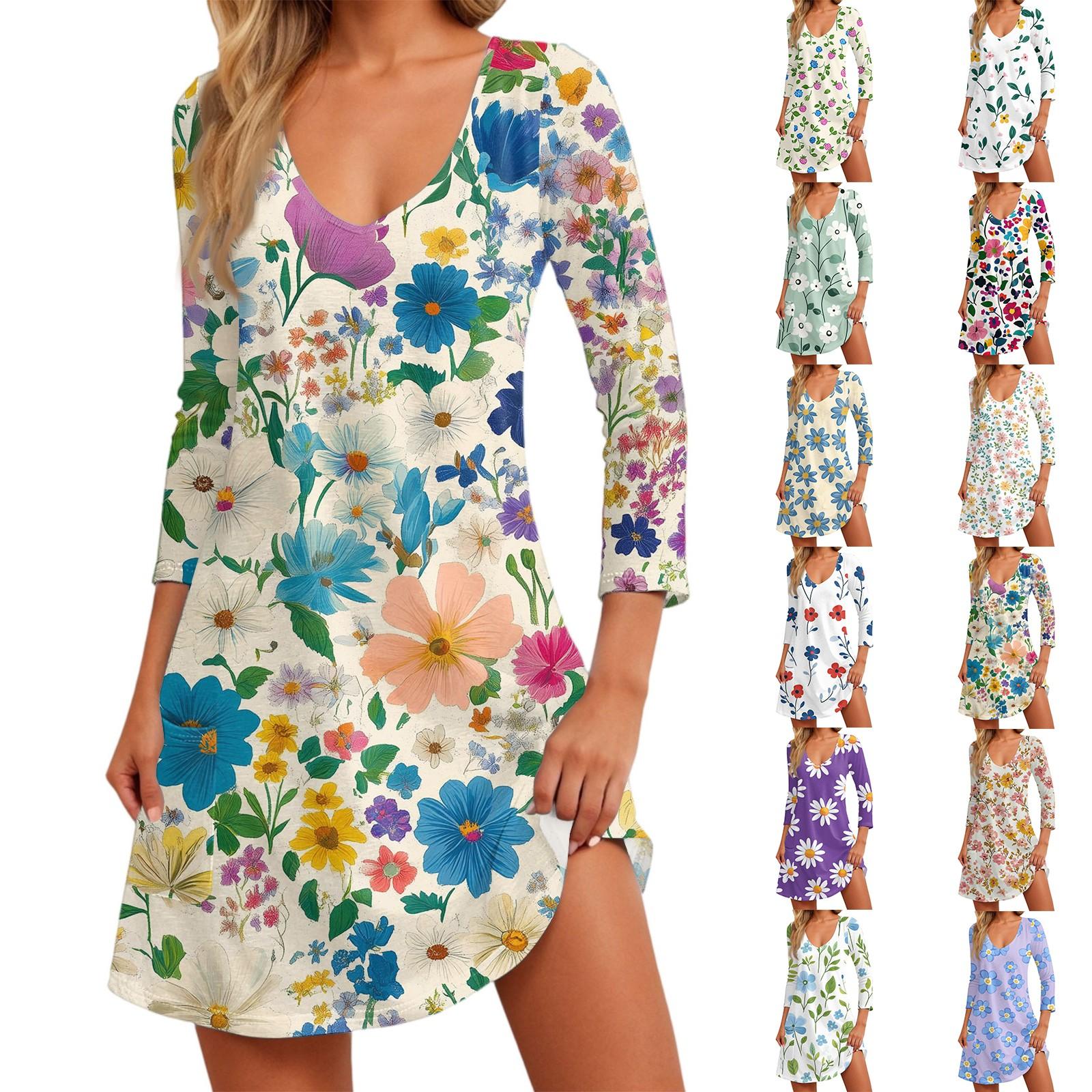 

Women s Fashion Casual V-Neck Floral Print Pocket Three-quarter Sleeve Dress XL білий