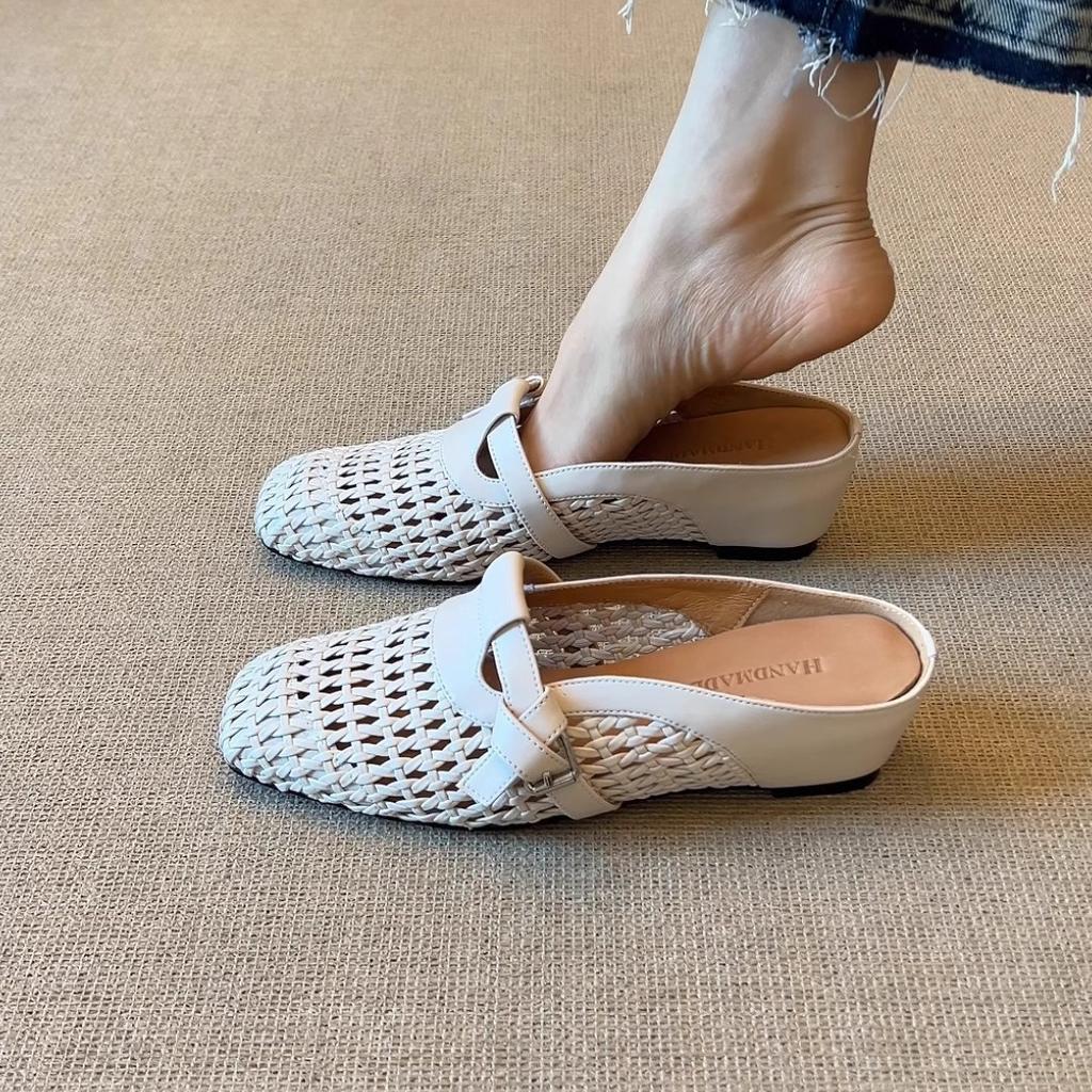 Soft leather version~ 2025 summer new vacation wind breathable woven wedge heel Mill shoes breathable bag head outer slippers