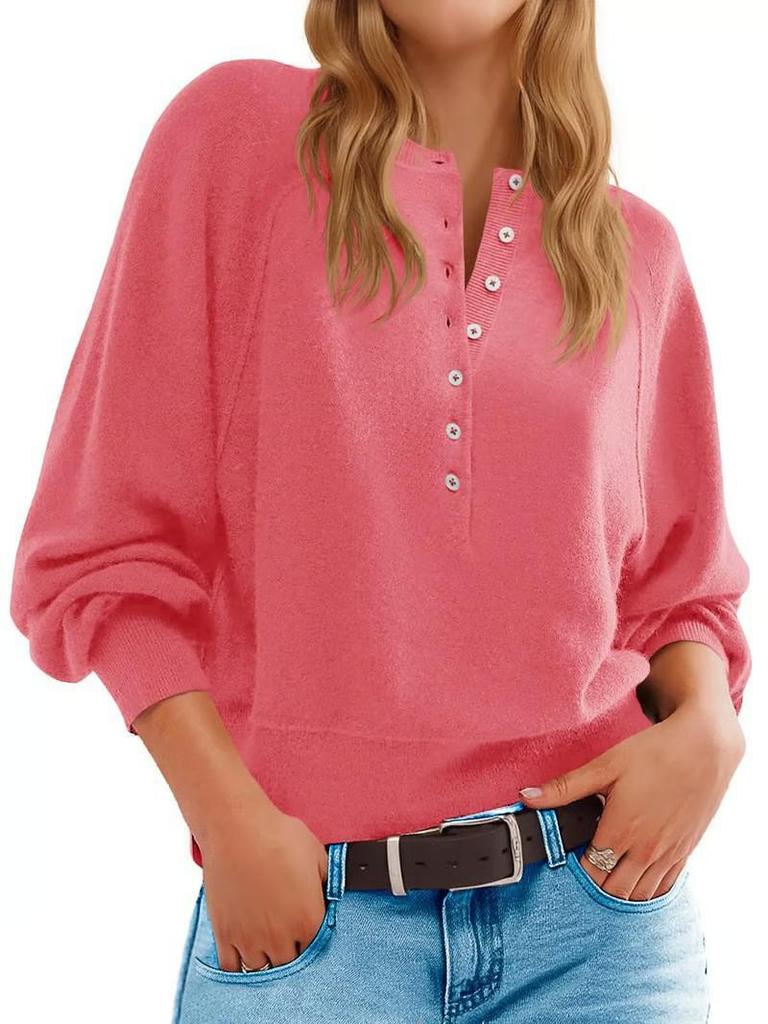 2025 Women's Solid Color Knit V-Neck Button-Up Sweater with Loose Lantern Sleeves