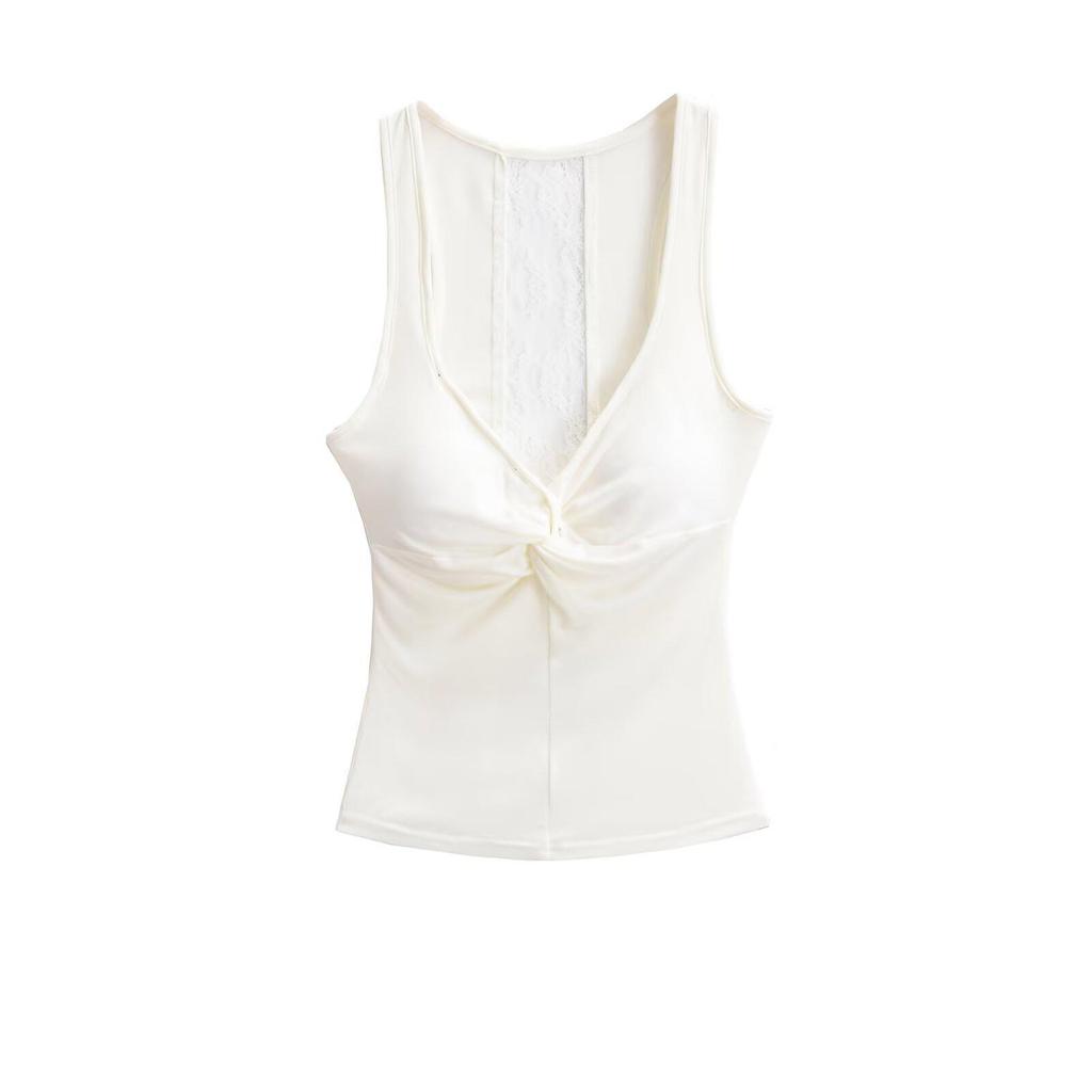 Twisted Back Lace Patchwork Blue Spaghetti Strap Tank Top for Women - Summer Sleeveless Top, Multicolor.