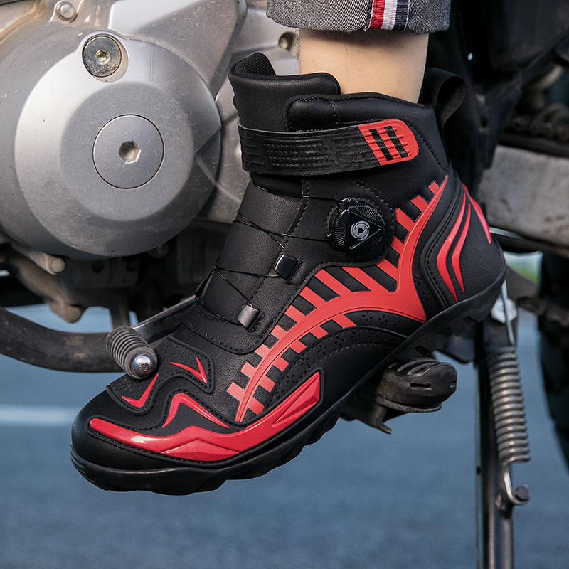 Unisex Leather Motorcycle Boots Large Size Rotation Button Anti -slip Anti -collision Competition Riding Shoes