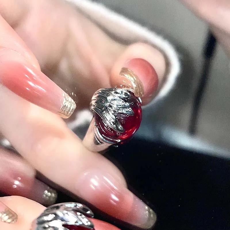 Punkowe Gotyckie Czerwone Kryształowe Pierścionki Motylkowe Dla Kobiet Vintage Metal Płynny Nieregularny Otwarty Regulowany Pierścionek Y2K Cyrkonia Prezent