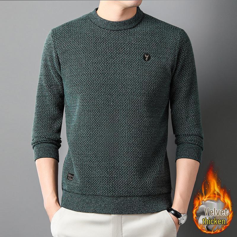 

Men s Plush Knit Sweater - Thick, Warm, Round Neck, Middle-aged Casual Top M 99-121 lbs