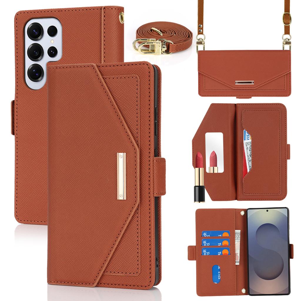 For Samsung Galaxy S25 Ultra Stand Case Cross Texture PU Leather Wallet Phone Cover with Shoulder Strap/Makeup Mirror