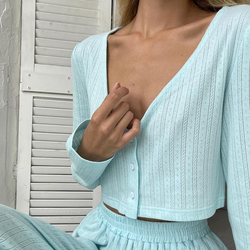 Causal Solid V Neck T-shirt Pants Suit Long Sleeve Crop Top Elastic Waist Wide Leg Pant Sets Spring Homewear Outfit
