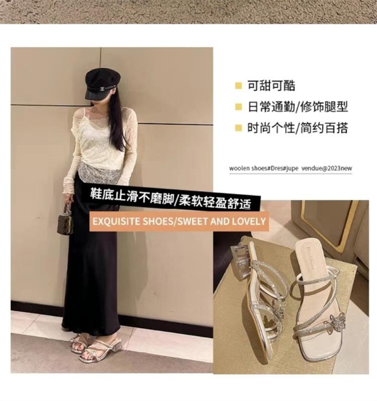 Rhinestone Slippers Women's Summer Wear 2025 Korean Version of the New Bow Crystal Thick Heel with Skirt One-word Cool Slippers