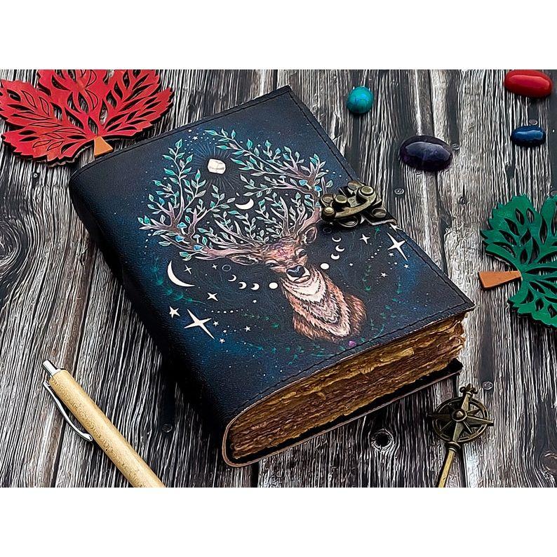 Leather Journal Deer Moon Journal For Men Women with Loc Antique Hademade Decle Edge Pepar Traveling Sketchbook Black Notebook