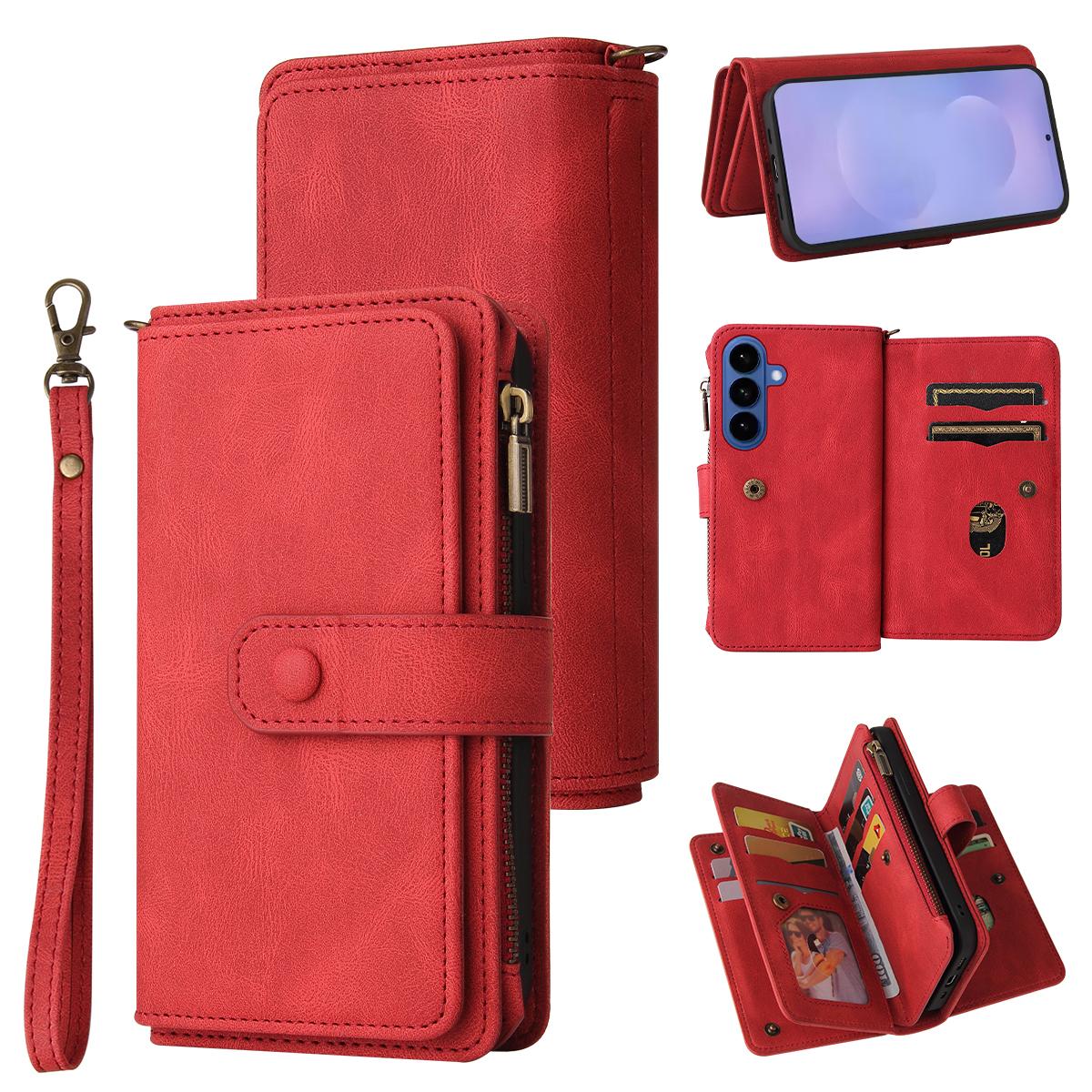 

For Samsung Galaxy S26/S26 Pro Zipper Wallet Case with 15 Card Slots and Strap Leather Phone Cover