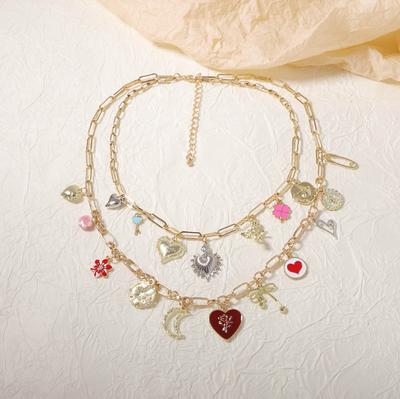 Fashion Street Photography Niche Trend Retro Multi-layer Stacking Wearing Oil Drip Alloy Multi-style Pendant Chain Necklace Women