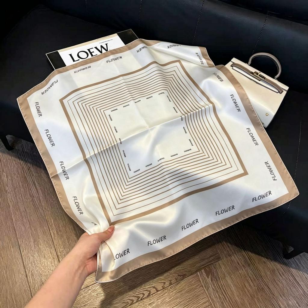 71Cm New Chinese Simulation Silk Square Scarf Soft and Skin-friendly Ink Flower Rhyme Printing Silk Scarf Neck Sunscreen Small Scarf