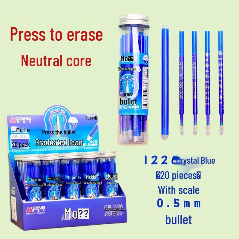 20-Pack 0.5mm Erasable Click Pens with Refill Cores - Moli Moli Le, Blue & Black Ink