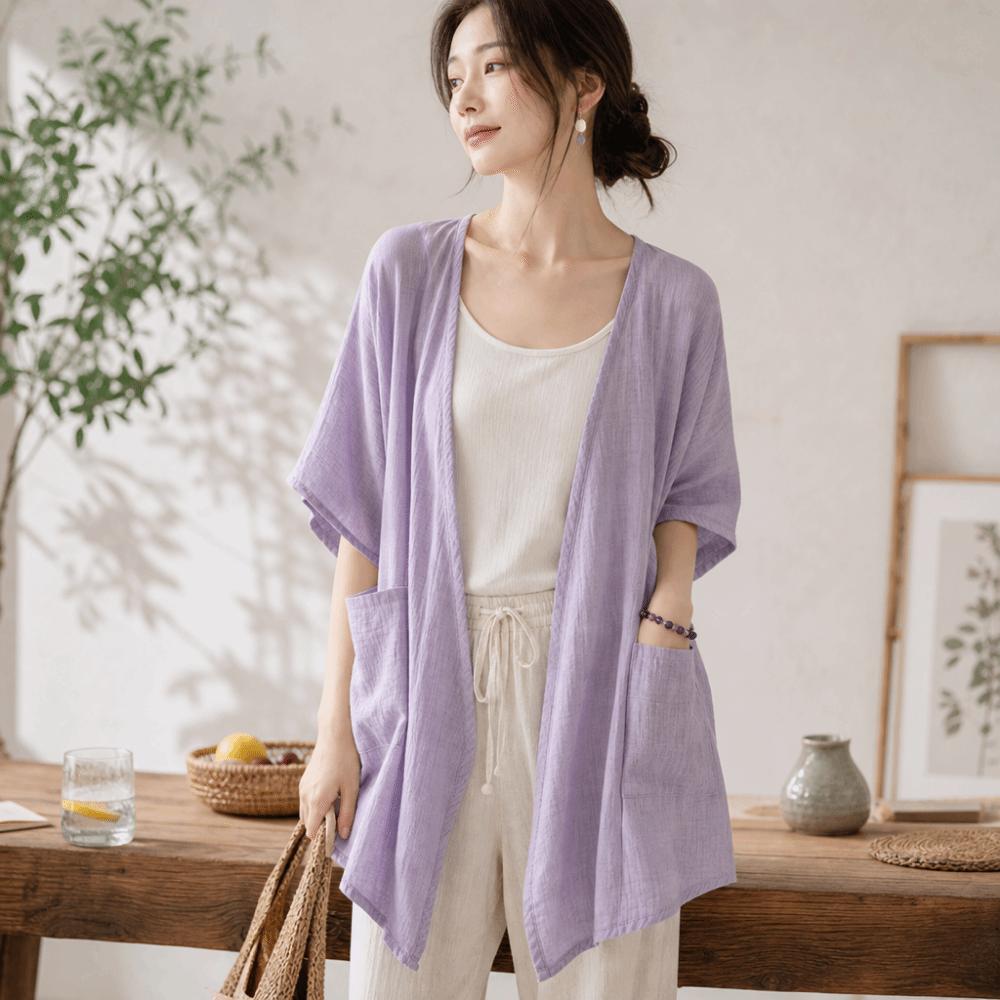 Short Sleeved Long Shawl Loose Beach Top Breathable Linen Cardigan  Summer Wear