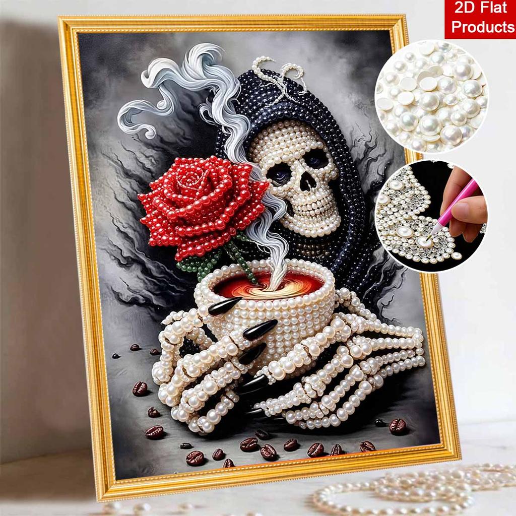 Frameless Pearl Painting Kit Gothic Skeleton Red Rose Coffee Pattern DIY Shiny Bead Canvas Creative Leisure Craft Gift for Adults