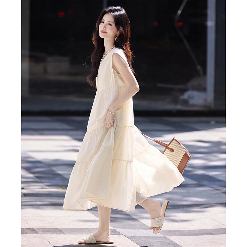 Women's Solid Pleated Sleeveless Round Neck A-Line Dress