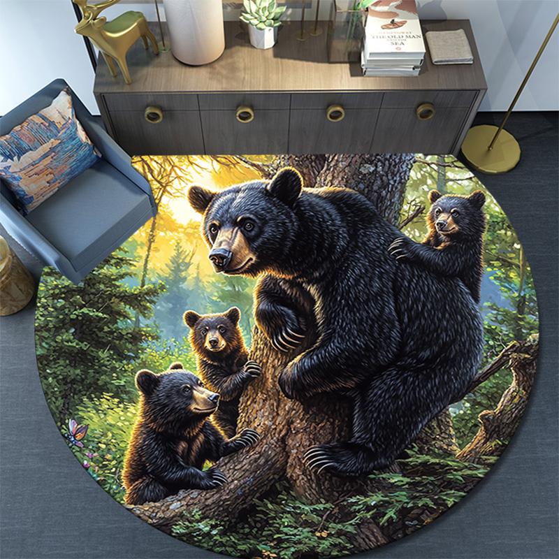 Black Bear Round Area Rug,Carpet Rug for Living Room Bedroom Sofa Playroom Decor,Non-slip Floor Mat