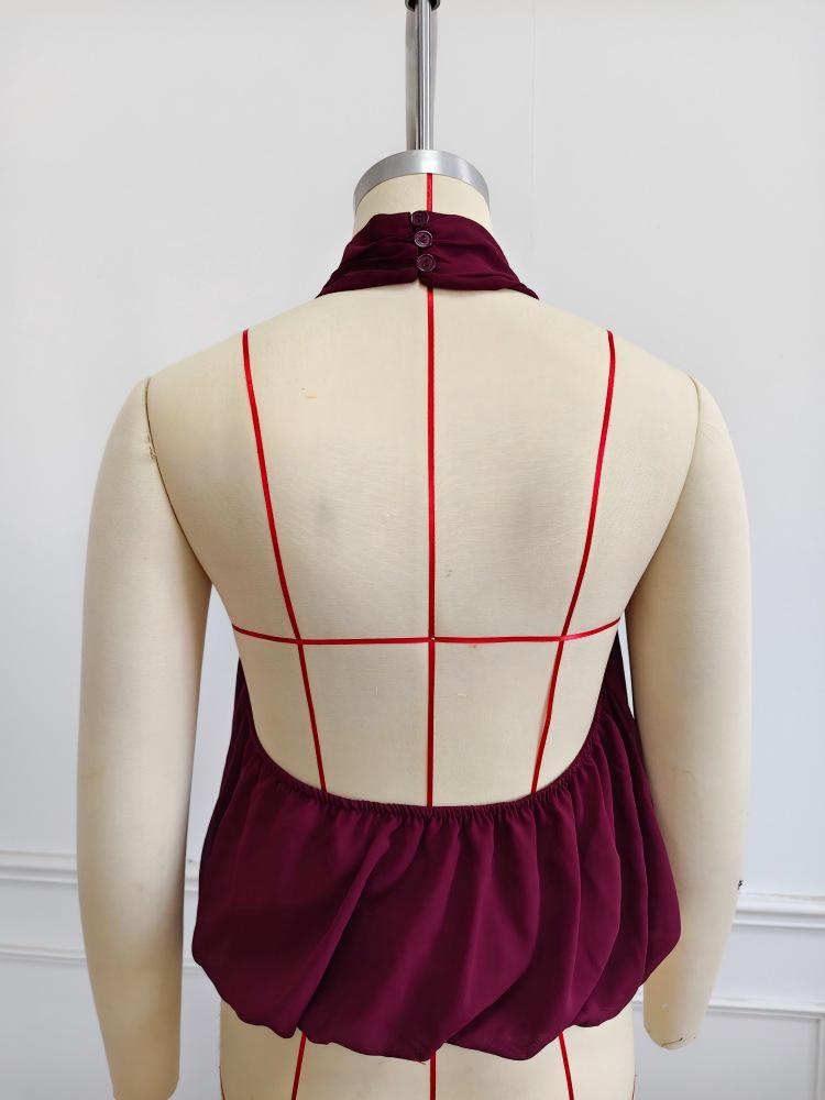 2026 Euro-American Style Halterneck Chiffon Top - Slim, Sexy, Backless, Solid Color for Vacation