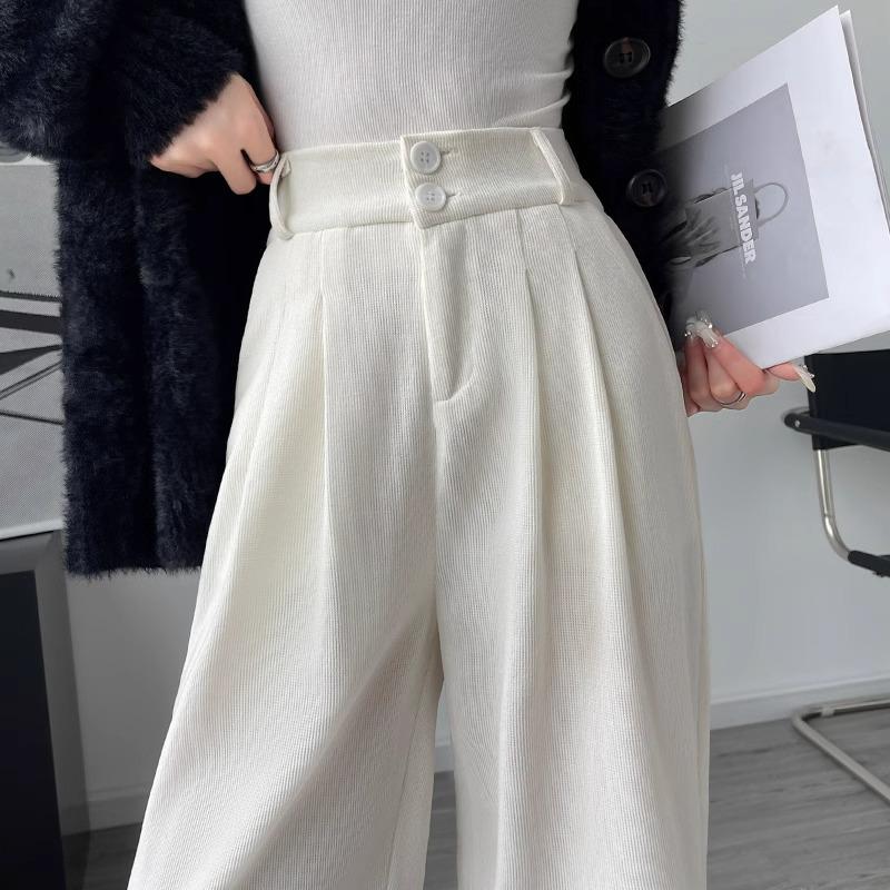 Women's Petite Dark Gray Corduroy Wide-Leg Suit Pants with Fleece Lining for Autumn/Winter