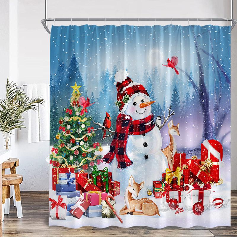 Cute Snowman Christmas Shower Curtains Xmas Tree Gift Winter Forest Red Bird Cedar Snowflake Scenery Home Bathroom Curtain Decor