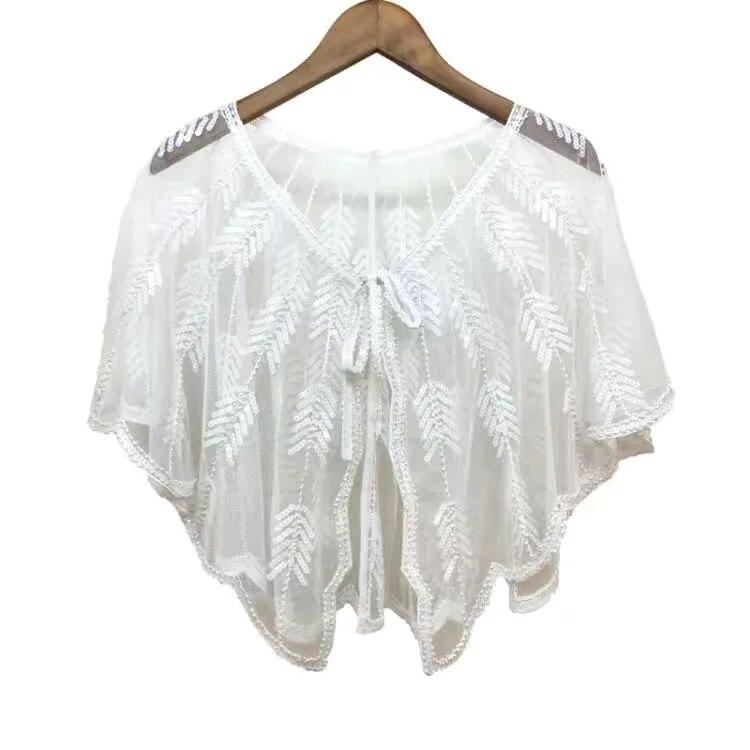 Retro Beaded Sequin Shawl Vintage Flapper Evening Cape Sheer Mesh Embroidery Leaf Women Bolero Party Accessories
