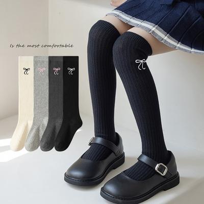 1 par de calcetines hasta la rodilla de moda para niñas, de color liso, con bordado de lazo, de algodón, para primavera y otoño.