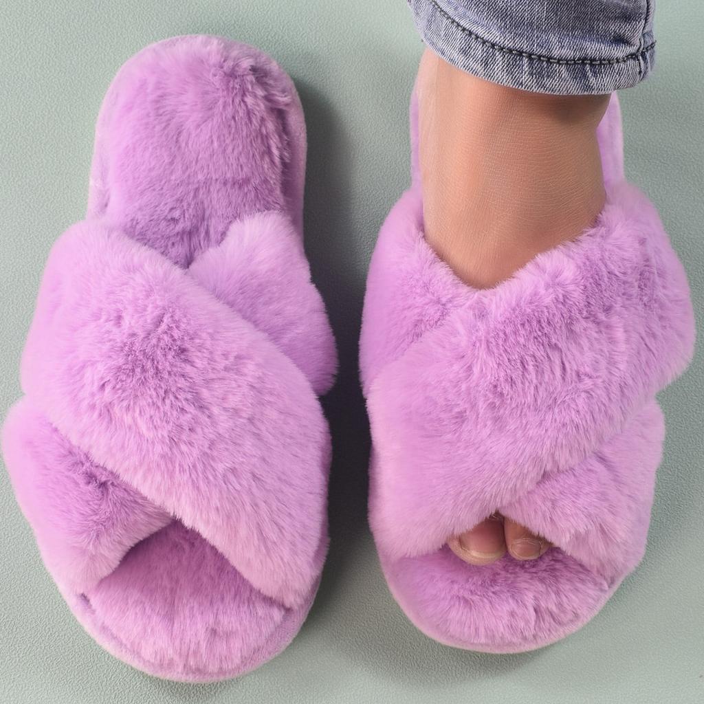 Ladies, Cross Straps, Plush Slippers, Indoor, Warm Cotton Shoes, Thick, Open Toed, Plush Slippers