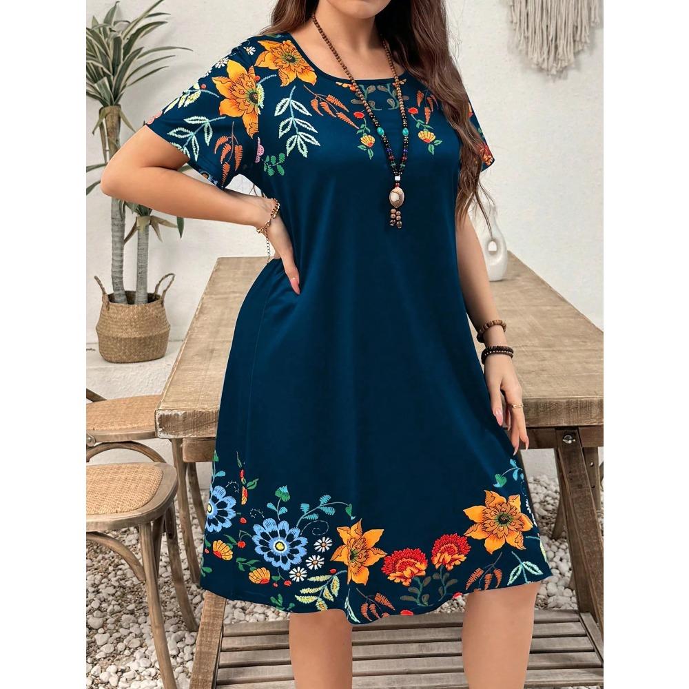 Women Floral Print Round Neck Short Sleeve Casual Dress Summer Bohemian Style Holiday Loose Oversized Dress