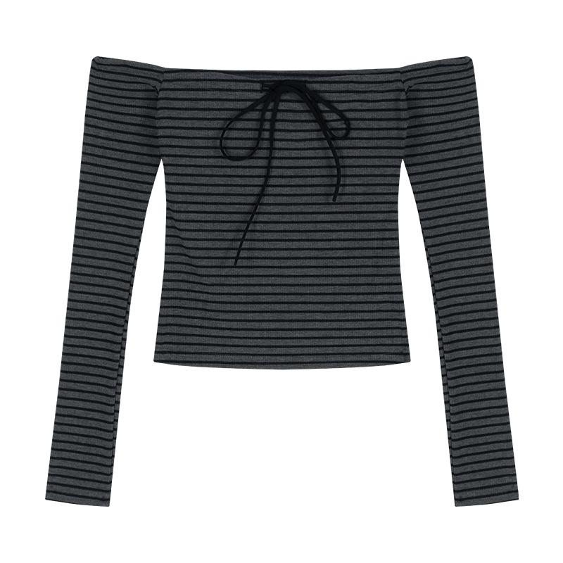 One-word neck retro striped long-sleeved T-shirt women's spring slim-fit tight bottoming shirt Spice Girl short off-shoulder top