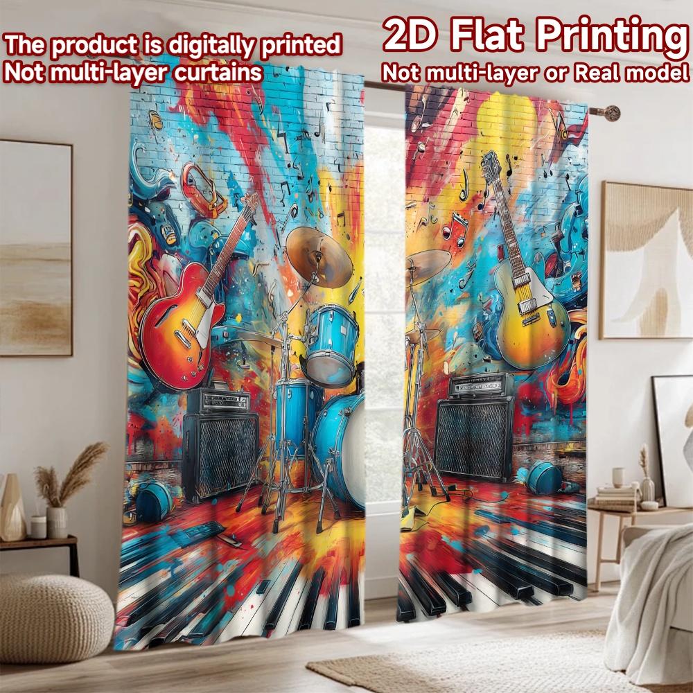 2D Flat Printing 2pcs Curtains Electric Guitars Drum Set Digital Printed Polyester Drapes Festive Holiday for New Year