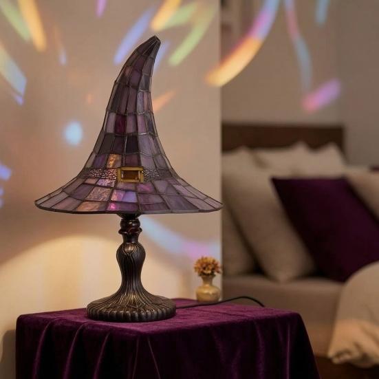 Yousheng Buntglas Hexenhut Lampe, USB-betriebenes Nachtlicht, Handgefertigte Harz-Buntglas Schreibtischlampe, Halloween Gothic Dekor für Schlafzimmer