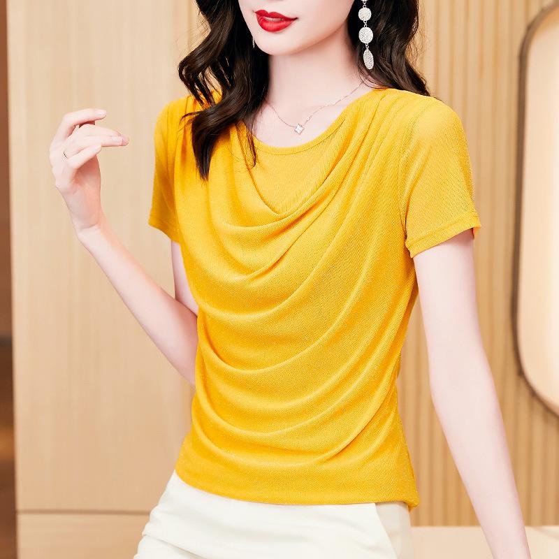 Short-sleeved T-shirt Women's Summer Dress Design Sense Irregular Bright Silk Shirt Foreign Style Small Top
