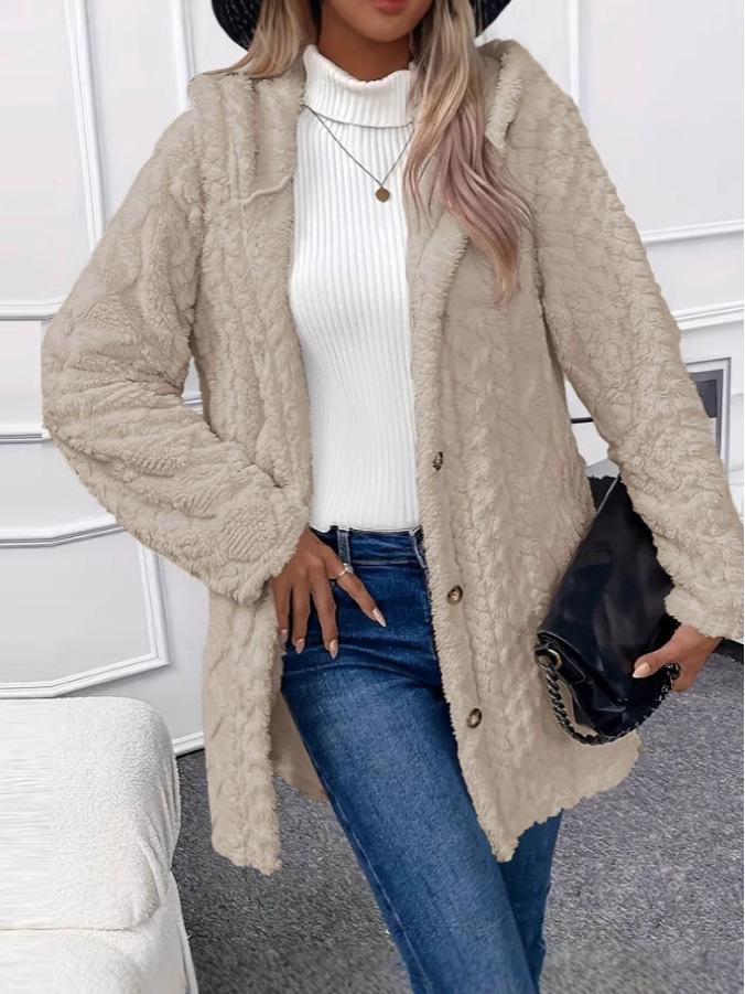 2024 Jeseň/Zima Európsky & Americký Jednofarebný Kardigán s Kapucňou a Zapínaním na Gombíky s Dlhými Rukávmi