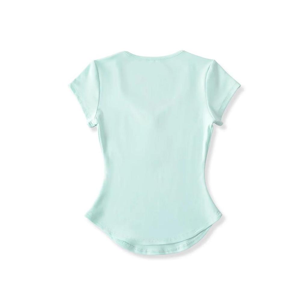 Damen Einfarbiges Slim-Fit T-Shirt mit Herzausschnitt & Gebogenem Saum