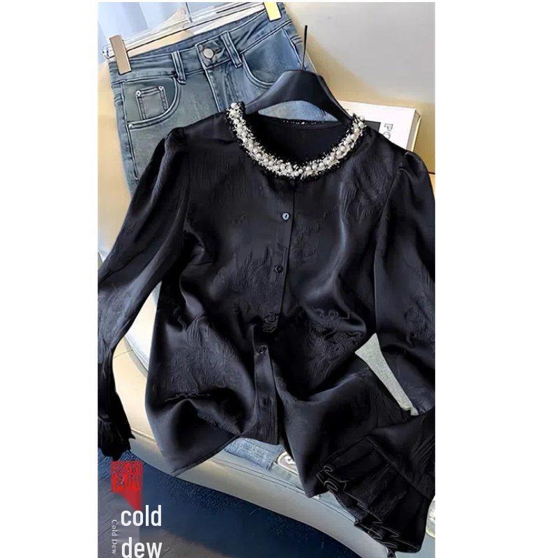 2026 Spring/Autumn High-End French Style Beaded Long Sleeve Slimming Women s Shirt 2XL