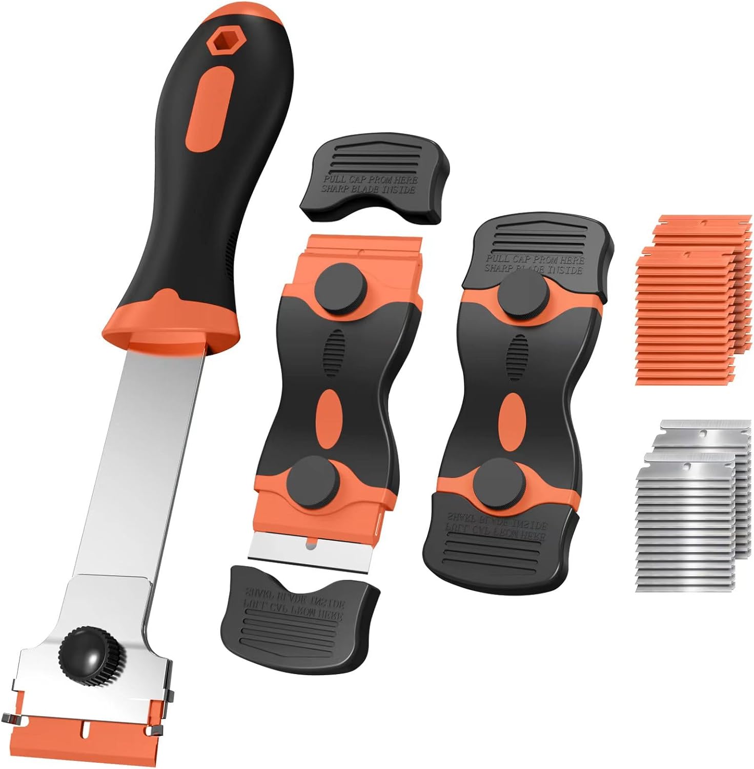 

3 Pack Razor Blade Scraper Set, Includes 30 Plastic & 30 Metal Blades, Multi-Purpose Tool for Glass, Cooktop, Sticker Removal, Paint & Gum Cleaning оранжевый