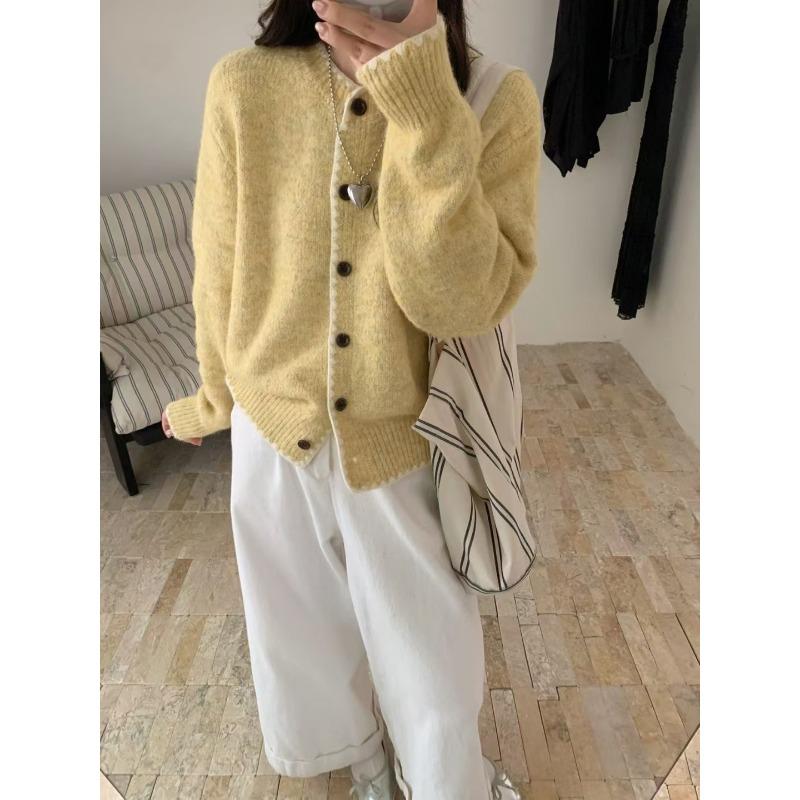 Knitted cardigan women's clothing autumn and winter new round neck lace lazy wind loose casual sweater jacket women