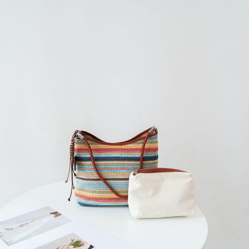 

Fashion Raffia Straw Woven Rainbow Contrast Color Stripe Underarm Bag 2025 New Commuter Casual Lightweight Shoulder Bag Rainbow Stripes