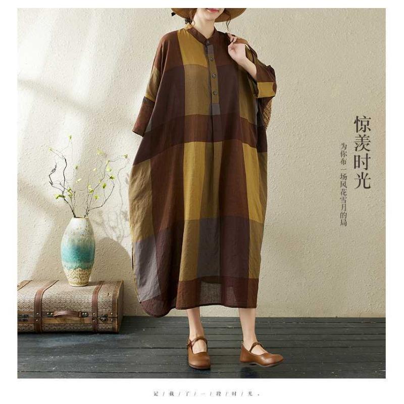 Summer New Temperament Literary Retro Printed Lapel Loose Large Size Vacation Dresses