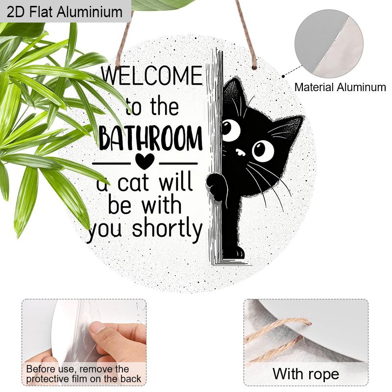2D Flat Aluminium Bathroom Sign with Black Cat Pattern - Funny Decorative Sign & Plaque - Ideal for Bathroom Wall Decoration - Home Hanging Decor for