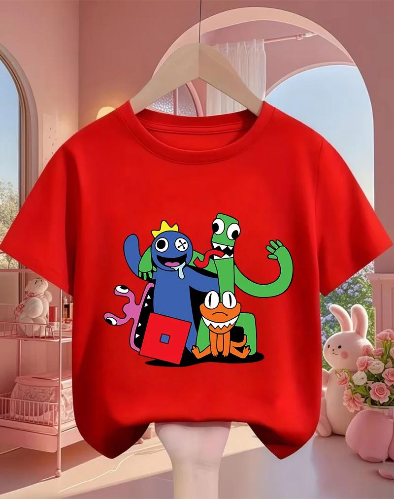 Rainbow friend cartoon pattern boy and girl summer cute round neck fashionable casual short sleeved top